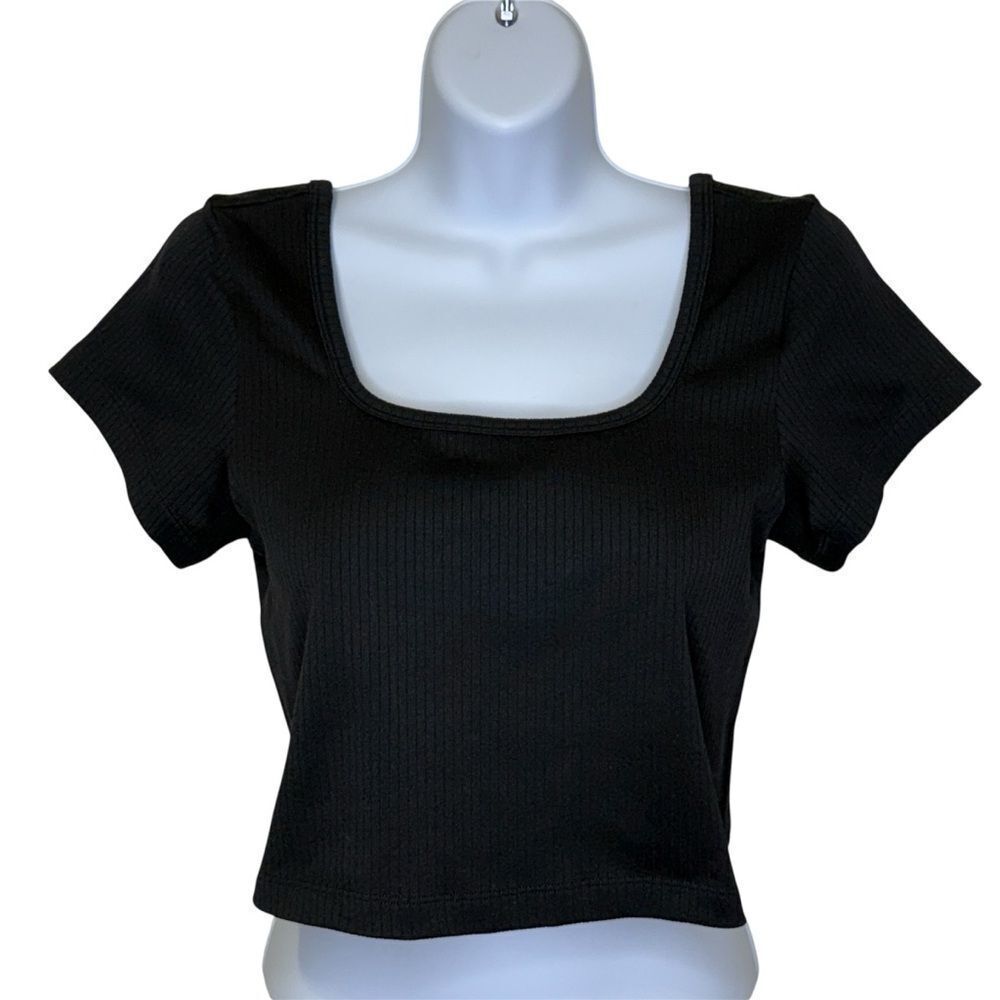 NWT PINK Victoria’s Secret Cropped Ribbed Short Sleeve Shirt Black Size Large